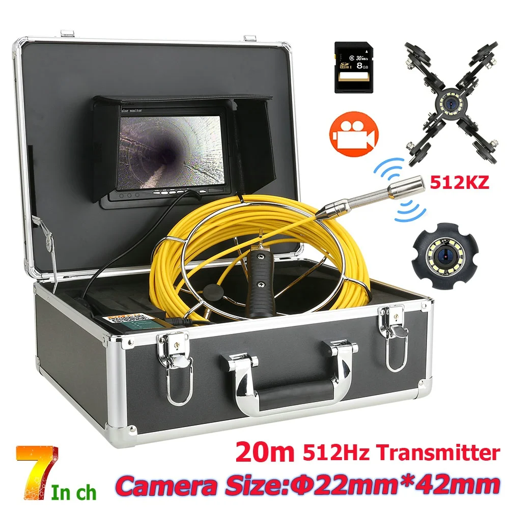 

7 Inch Monitor 20M DVR 512hz Transmitter Built-in Camera Pipe Sewer Drain Inspection System with 12PCS LED Lights 8GB SD Card