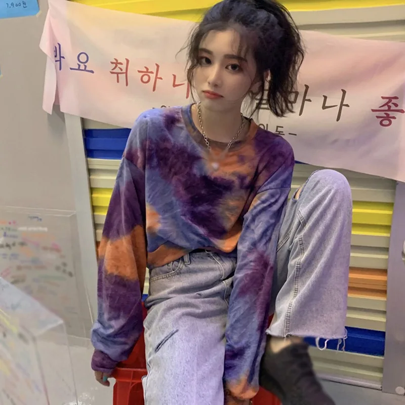 

Long Sleeve Hoody Autumn Design Sense Chic Tie-dye Round Neck Loose And Thin Short Casual Ladies Hoodies