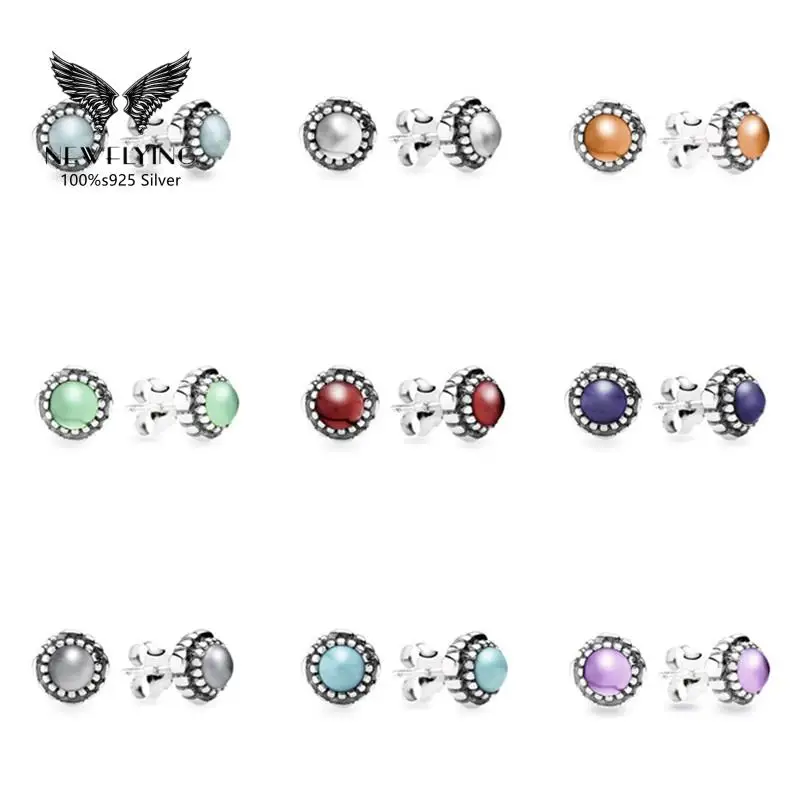 

925 Sterling Silver Birthstone Colors Stud Earrings Round 12 Months Gemstones Earring Birthday Gift Pand Jewelry For Women