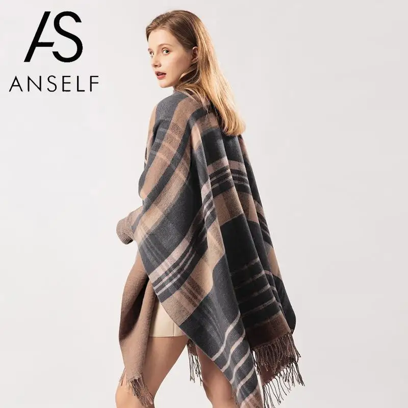 Женский кардиган-пончо ANSELF свитер клетчатые кашемировые накидки с принтом шаль