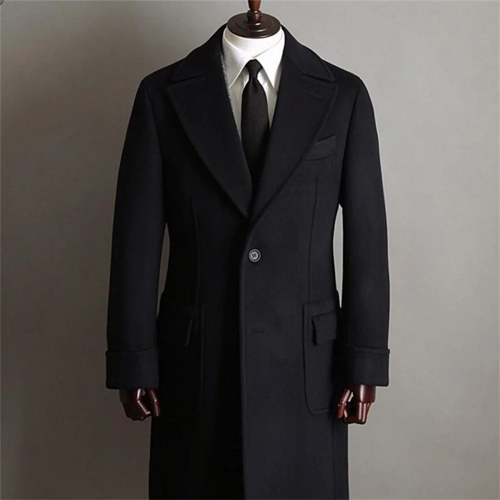 

Tweed Wool Blends Black Men Suits Formal Blazer Custom Made Smoking Groomsman Wollen Jacket Peaked Lapel Long Sleeves Overcoat