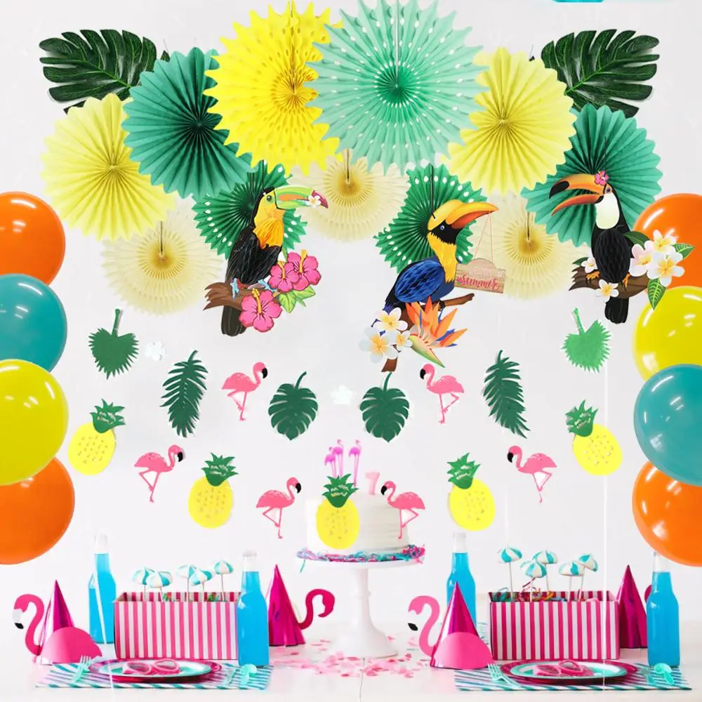 

33pcs Hawaiian Party Decoration Kit Toucan Honeycomb Balloons Flamingo Pineapple Garland Tropical Summer Luan Home Decoration