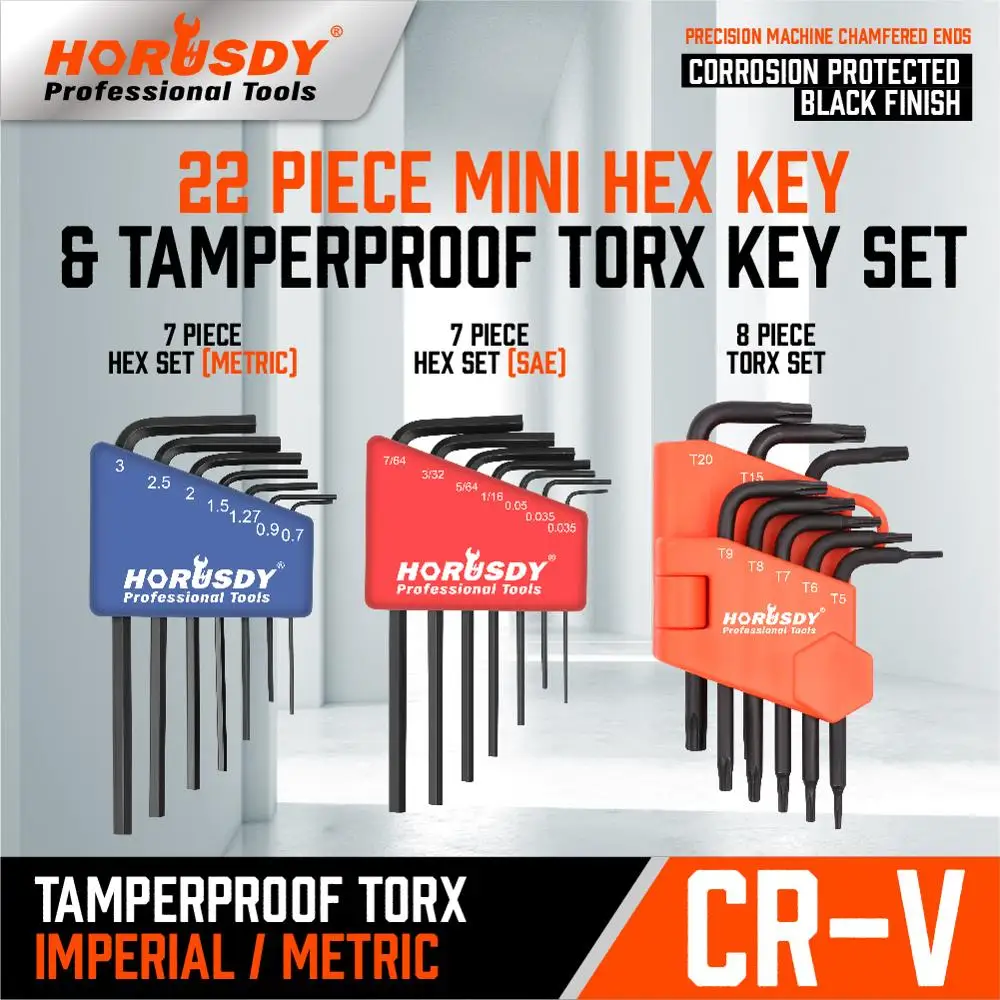 

HORUSDY 22 piece mini hex key tamperproof torx key set CR-V precision machine chamfered ends SDY-94287