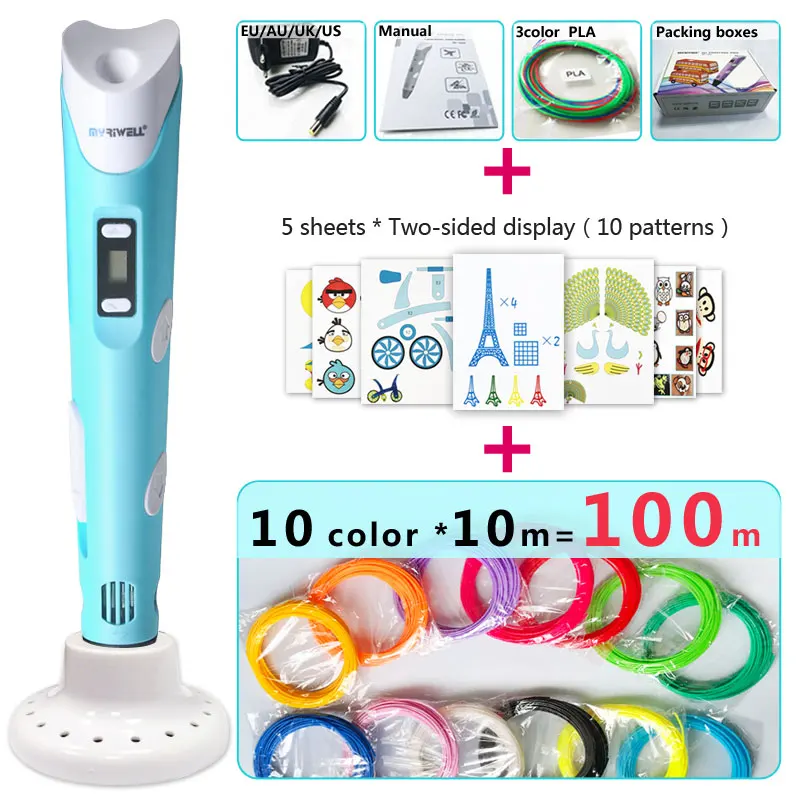 Blue pen Package 4 Myriwell 3d Ручка 3d ручки, светодиодный дисплей, ABS/PLA нити, подарки для детей зарядка через USB, 3 d Ручка 3d модели Smart 3d печать pen-3d Волшебное перо - Цвет: Blue pen Package 4