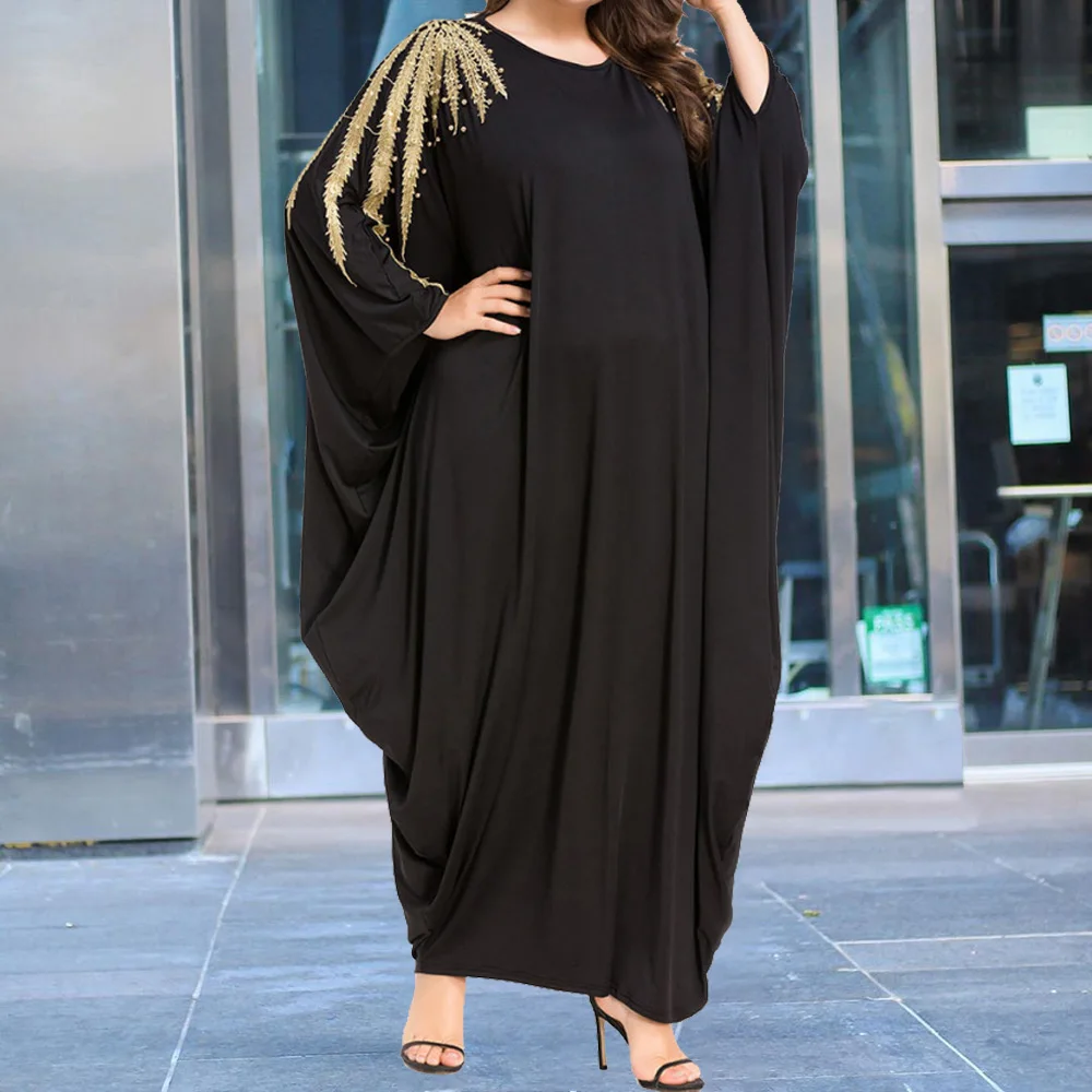 

2020 African Women Party Dress Round Neck Bat Sleeve Embroidered Beaded Loose Robe Dress Plus Size Long Robes Women Vestidos