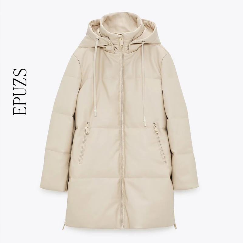 Winter coat Hooded Padded PU parka women Faux leather down jacket female loose zipper overcoat casual warm long coats 2020