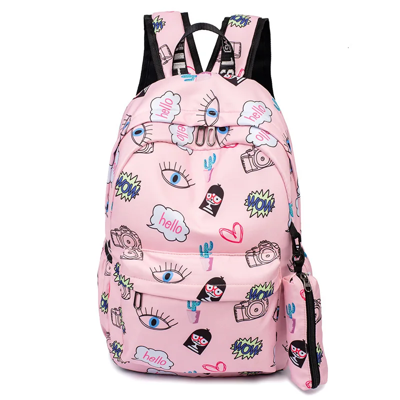 cartoon 2023 print canvas school bag with pencil case for teen girls women casual backpacks kids school backpack mochila