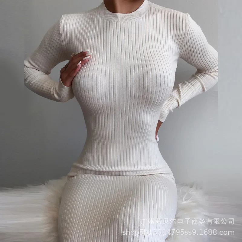 

WEPBEL Women Sexy Knitted Sweater Dress Casual Ladies Elegant Long Sleeve O Neck Backless Elastic Bodycon Dress