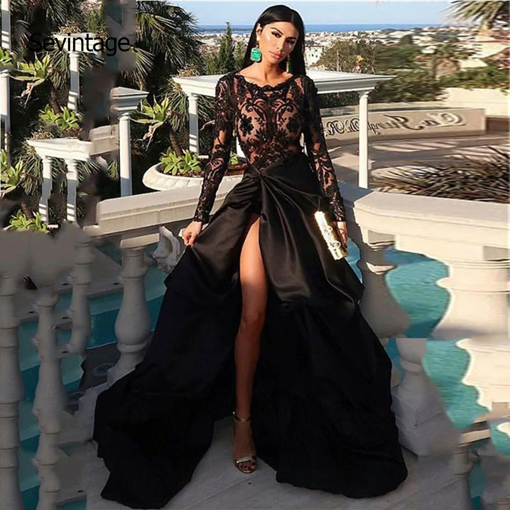

Черное кружевное вечернее платье Sevintage с аппликацией и длинными рукавами, с разрезом спереди, бальное платье для выпусквечерние вечера, юбк...