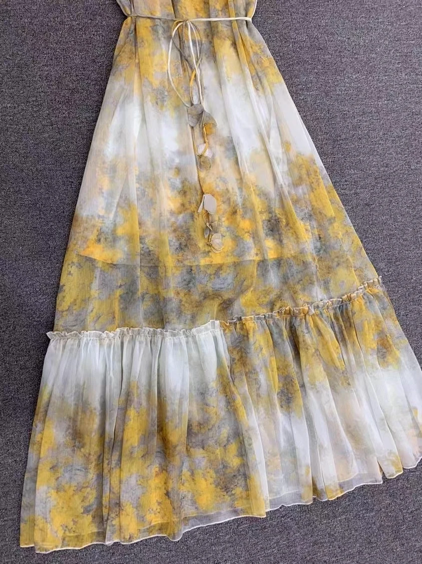 

Yellow print women dress ruffle sleeveless midi dress