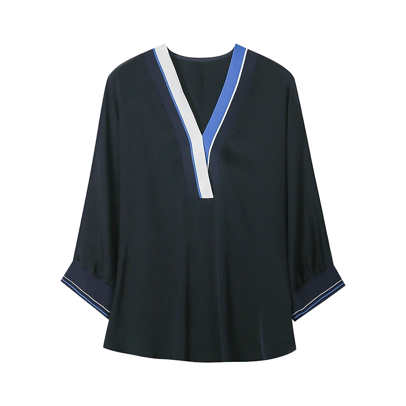 

SuyaDream Women 2021 Summer Blouses Silk Double Joe 3/4 Sleeves V Neck Chic Blouse Shirts Navy