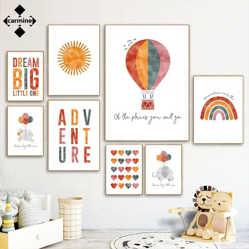 

Картина в скандинавском стиле с изображением воздушного шара, искусство на стене, радуга, плакат с животными для детской комнаты и декор дет...