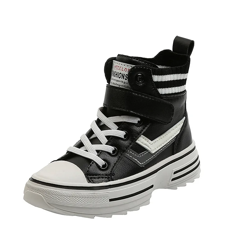 

2021 Autumn New Children's White Bottom Fashion Sneakers High-top Non-slip Hook&Loop Boys and Girls Leather Panel Shoes 26-30