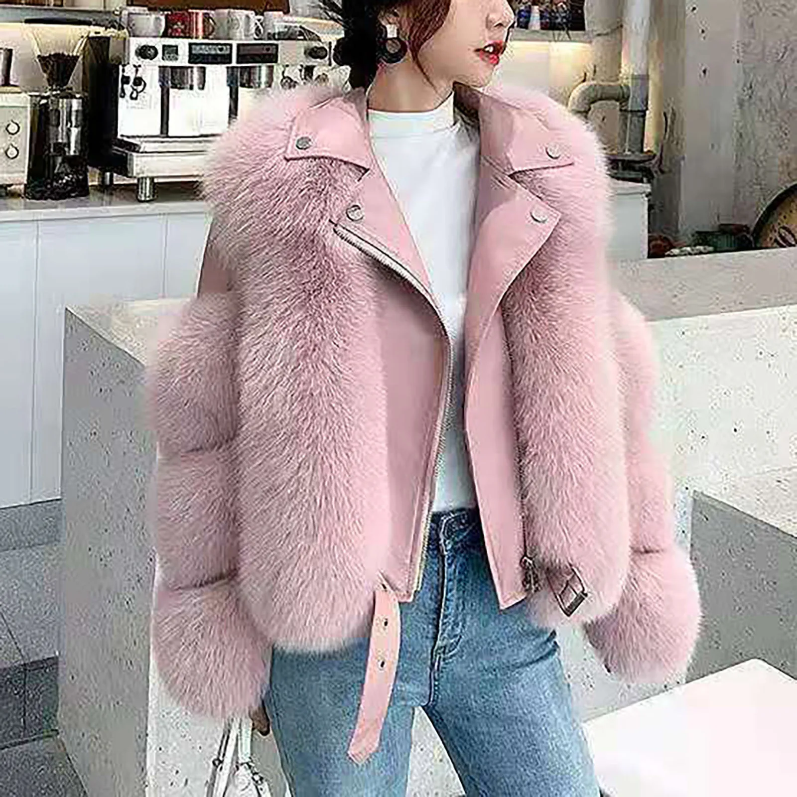 

Fashion Womens Warm Solid Colors Plush Long Sleeve Motorcycle Autumn Winter Faux Fur Zipper Short Coat Outwear Chaqueta Mujer#g3