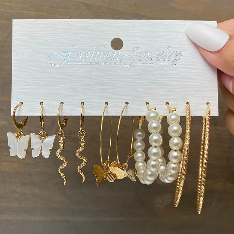

17KM Bohemian Gold Snake Butterfly Drop Earrings Set For Women Pearl Acrylic Dangle Earrings 2021 Trend Set of Earrings Jewelry
