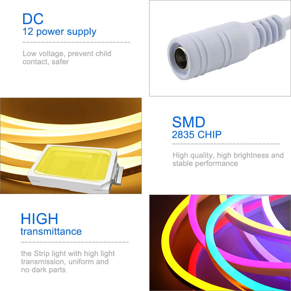 Waterproof Ribbon Led Neon Rope Light 12V Strip With Power Adapter Diode Tape Warm White/White/Red/Green/Blue | Освещение