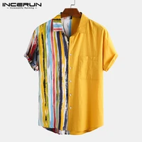 men casual shirt cotton striped patchwork summer lapel streetwear short sleeve camisa 2021 chic hawaiian shirts incerun s 3xl 7