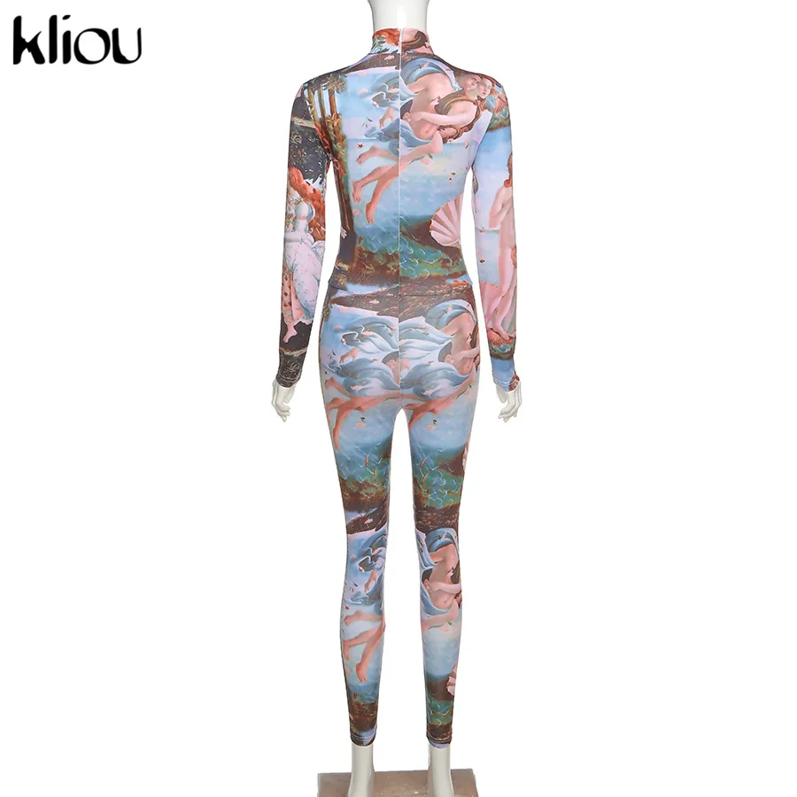 

Kliou 2020 Autumn Women Pattern Prin Turtleneck Long Sleeve Jumpsuits Fashion Stretchy Overalls Workout Sportywear Casual Outfit