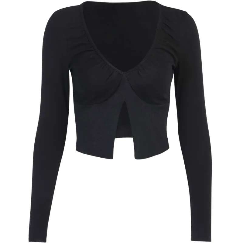 

autumn fashion knit basic white crop tops womens V-neck t-shirts 2020 new solid office ladies wild casual tee shirts mujer