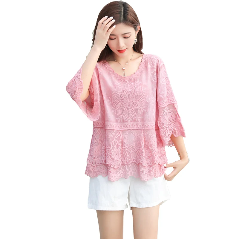 

New Summer Women clothing large size loose Tops lace embroidered Bat Sleeve blouse shirt Blusa