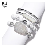 natural stone bracelets set for women chic quartz druzy white howlte agates cut crystal bead bracelet open cuff bangles bcset307