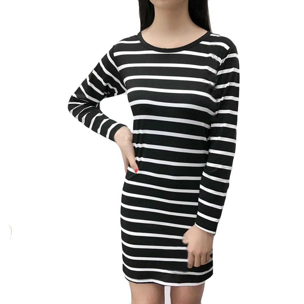 Женское осеннее модное корейское платье в полоску длиной до колена с длинным