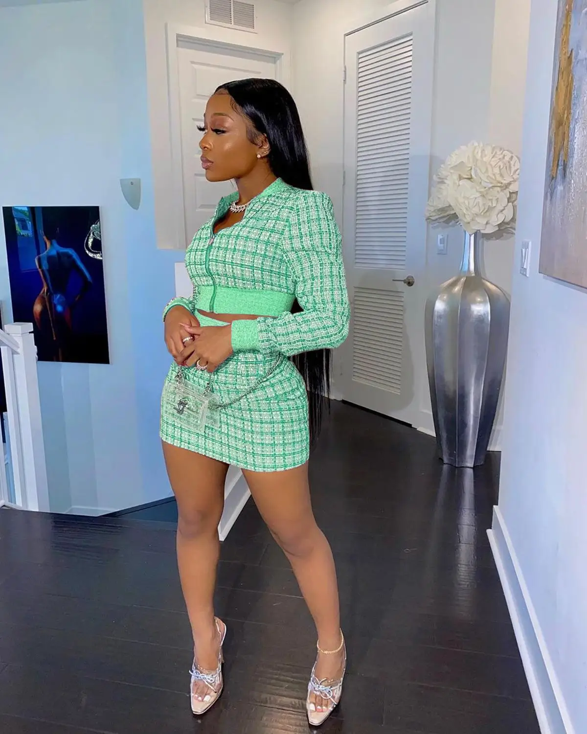 Женский Осенний клетчатый комплект из двух предметов с юбкой и укороченным топом