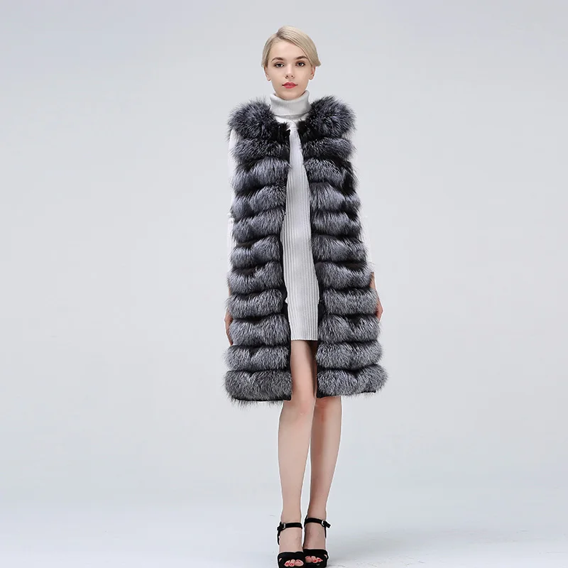 100% Genuine Winter Long Real Silver Fox Fur Stripes Vest Collar  Sleeveless Coat Clothing Women 2019 Real Fur Extended Coat