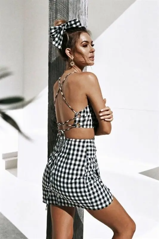 

2Pcs Summer Women Bandage Bodycon Crop Top Skirt Fashion Plaid Outfit Clubwear Spaghetti Strap Tops Mini Skirts Clothes Set