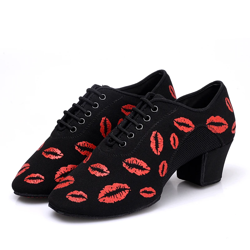 

BD802 Black Heel5 cm Soft Oxford Cloth Cha Cha Teacher Dance Shoes Printing Ballroom Latin Dancing Shoes Women Adult