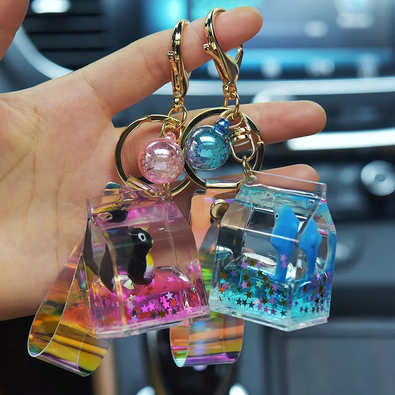 

Milk Box Shape Acrylic Keychain Marine Life Moving Liquid Keyrings Decompression Drift Bottle Jewelry Kids Gifts