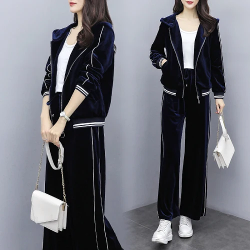

Women Plus Size Suits And Sets Velvet Two Piece Women Pants Sets Casual Wide Leg Pants Hooded Jacket&pants Women's Tracksuits
