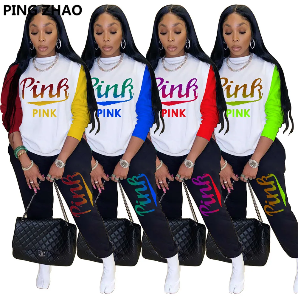 

PING ZHAO Fall Winter Letter Patchwork Women's Set Sweatshirt Jogger Pants Suit Tracksuit Two Piece Set Fitness Outfit