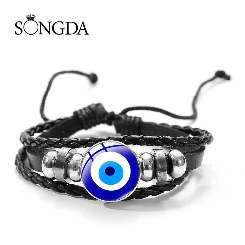 

Turkey Evil Eyes Glass Art Snap Button Charm Bracelet Handmade Beaded Multi-layer Leather Blue Eye Bangle Gift Women Bracelets