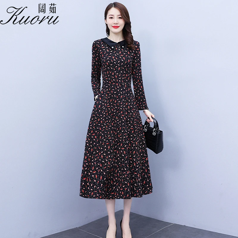 

Autumn Winter 2021 Vintage Dress Women Long Sleeve Midi Robe Longue Femme Floral Casual Aesthetic Black New Evening Dresses
