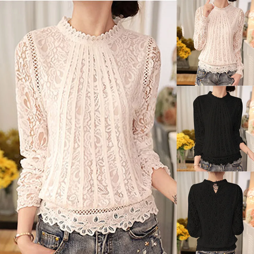 

Ladies Autumn Lace Long Sleeve T-shirt Blouse Pullover High Neck Loose