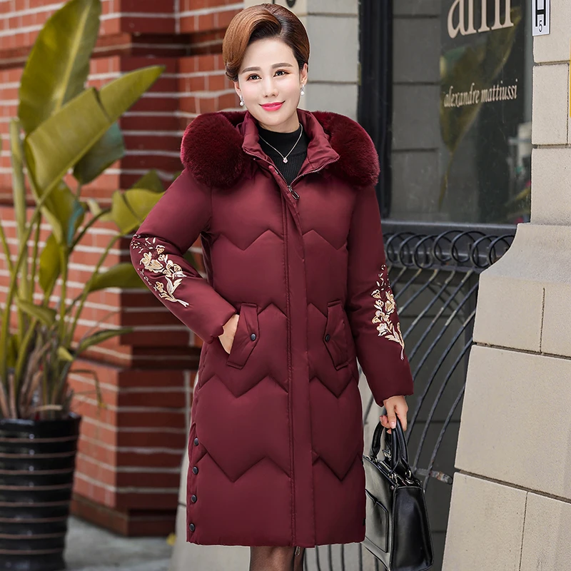 Женская куртка, зимняя меховая, зимняя длинная парка с вышивкой, пальто, толстый теплый большой меховой воротник, Повседневная парка с капюшоном, куртка для людей среднего возраста