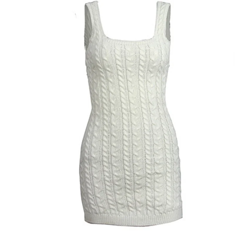 

Summer Vest Dress Women Bodycon Knit Sweater Sleeveless Slim Solid Color Elegant Short Mini Dresses White Beach Party Sundress