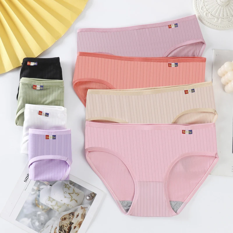 

3Pcs/Set Large Size M-XL Striped Lingerie Hip-Lifting Women's Briefs Solid Color Threaded Panties Breathable Mid-waist Underwear