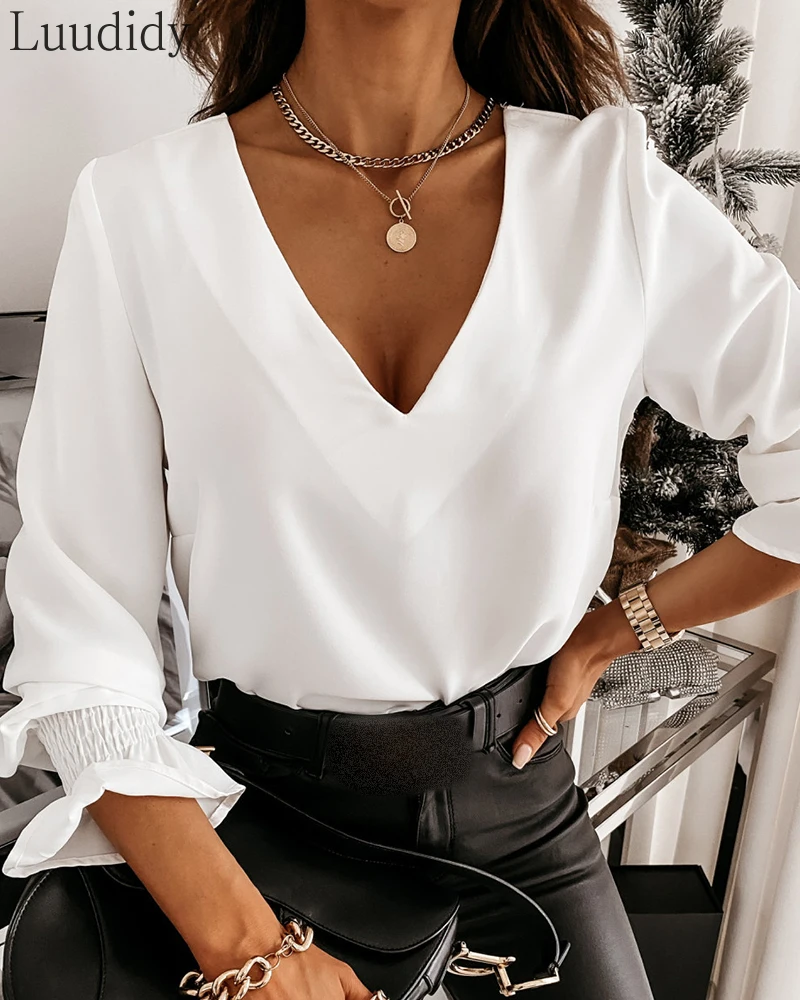 

Women Sexy Lace Backless Cutout Blouse V-Neck Office Top Outfits femme Pullover