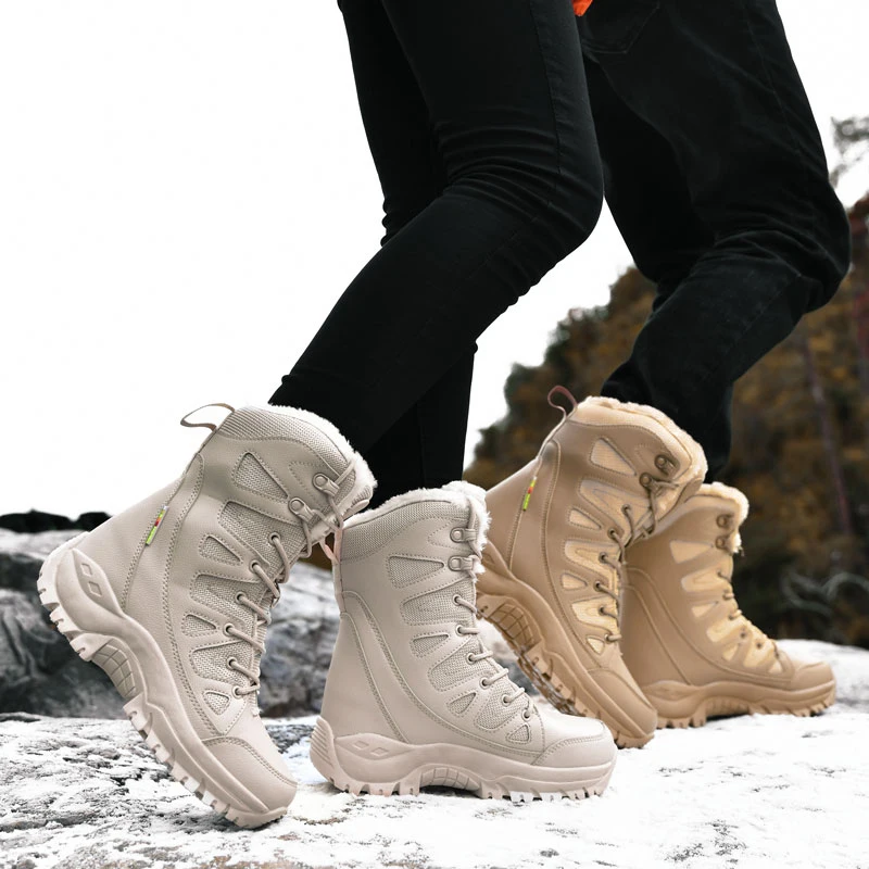 JIEMIAO Outdoor Trekking Hiking Shoes Comfort Couple Plush Winter Boots Women Big Size Military Tactical Boot for Men size 36-46