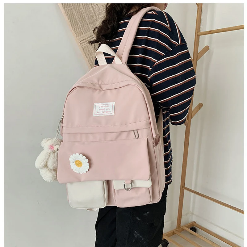 

Teenager School Bags for Girls Backpack Women Nylon Bookbags Panelled Flowers Soft Solid Student High Schoolbag Preppy Style New