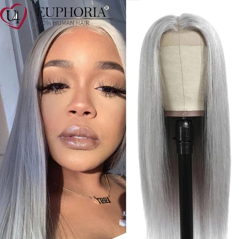 

Silver Grey Straight Hair Lace Front Wigs Brazilian 9A Remy Human Hair 13x4 Lace Closure Frontal Wigs Pre Plucked 150% EUPHORIA