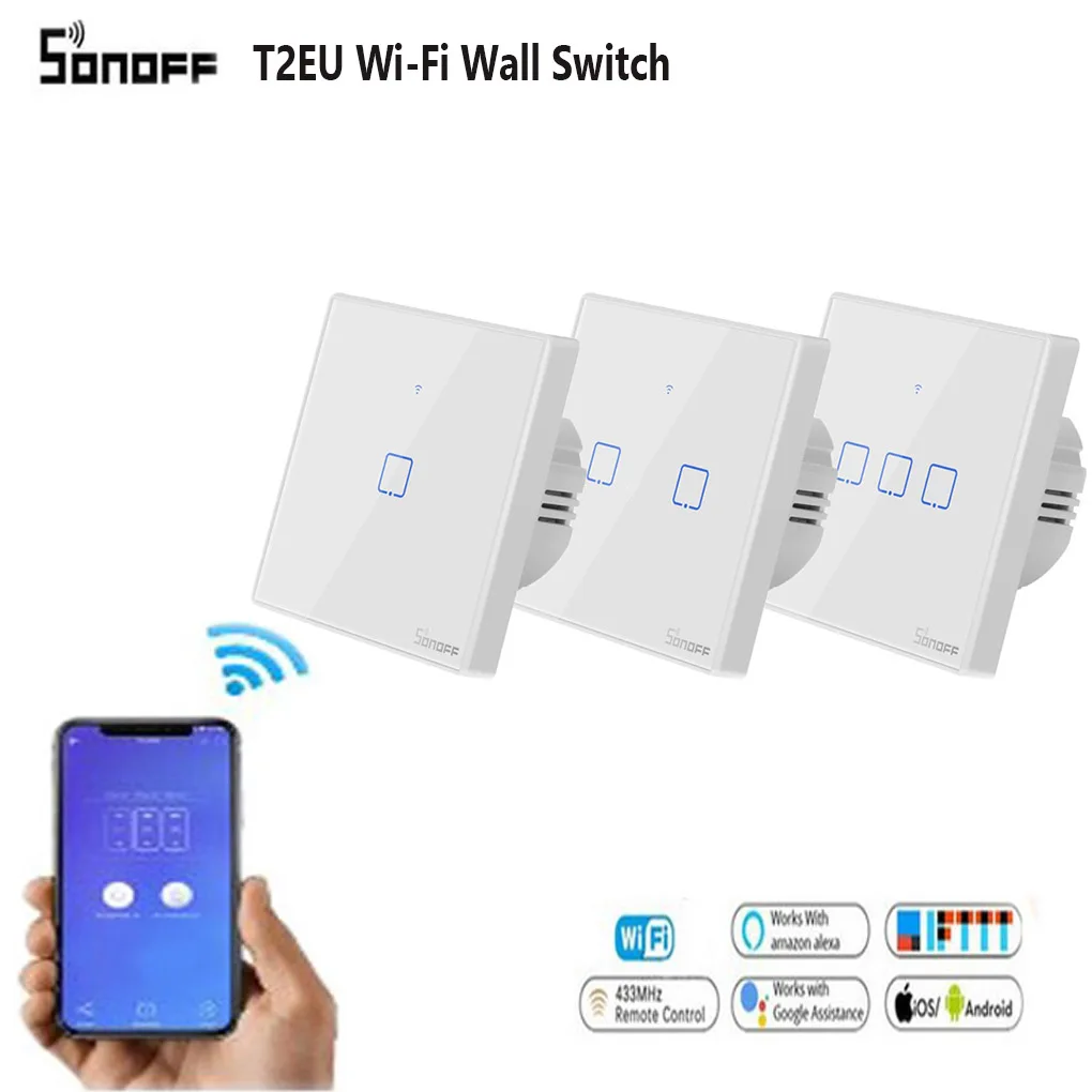 Интеллектуальный выключатель света SONOFF T2EU TX Smart Wi-Fi настенный сенсорный выключатель с границы умный дом 1/2/3 433 RF/Голосовое управление/приложение/сенсорный экран Cwhontrol работать с Alexa
