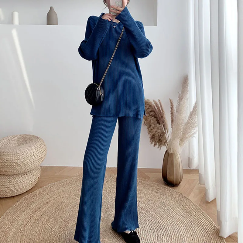 

Sister Fara 2021 Spring Wide Leg Jogging Pants Pullover Sweater Set Knitted Outwear+2Pieces Set Women Knitted Tracksuit Sweater