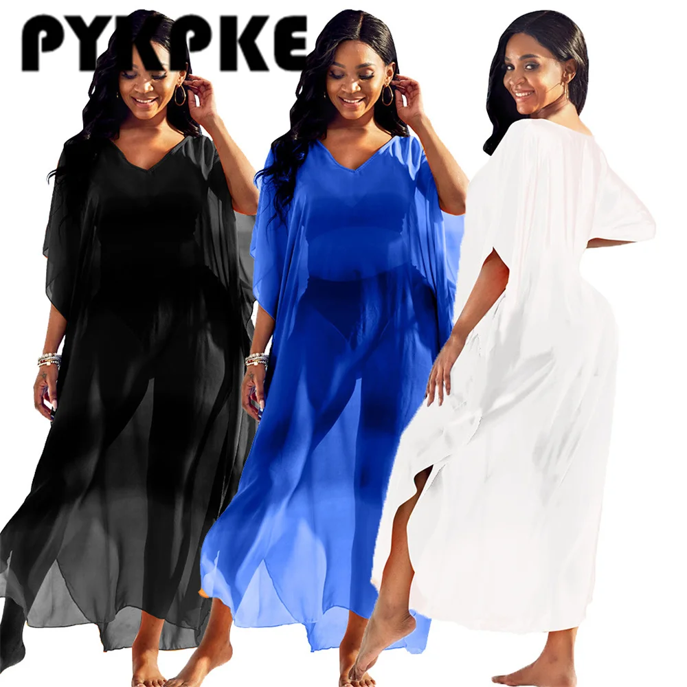 

Women Long Dress Solid Chiffon Half Batwing Sleeve V-neck Loose Maxi Dress Dresses Fashion Casual Beachwear Summer