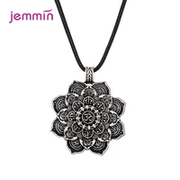 fashion 925 sterling silver flower beads leather pendant necklace women cubic zircon crystal long chain necklace jewelry