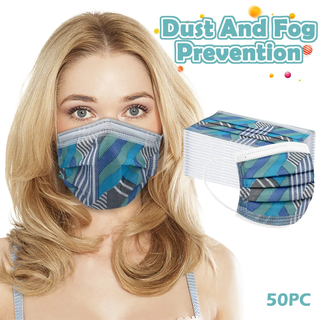

50PCS Adult Printed Mouth Masks 3 Layer Non-woven Spunlace Tide Anti-fog Haze Dustproof Breathable Protective Face Mask masque