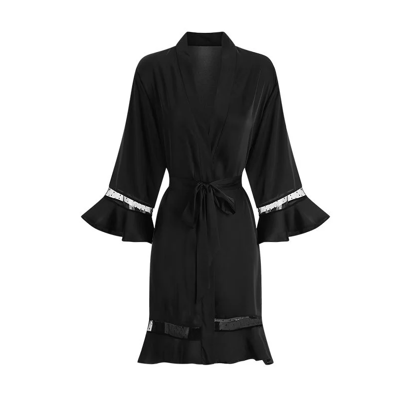

2021 Spring And Summer New Lovely Women's Imitation Silk Flounce Lace Solid Colorsexy Cute Up Robe Temptation Passion Bathrobe