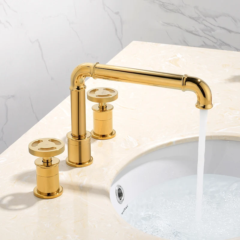 FLG Retro Style Basin Faucet Gold Plated 3 Hole Bathroom Sink Faucets Deck Mounted Cold Hot Water Mixer Tap 1156-55G | Обустройство